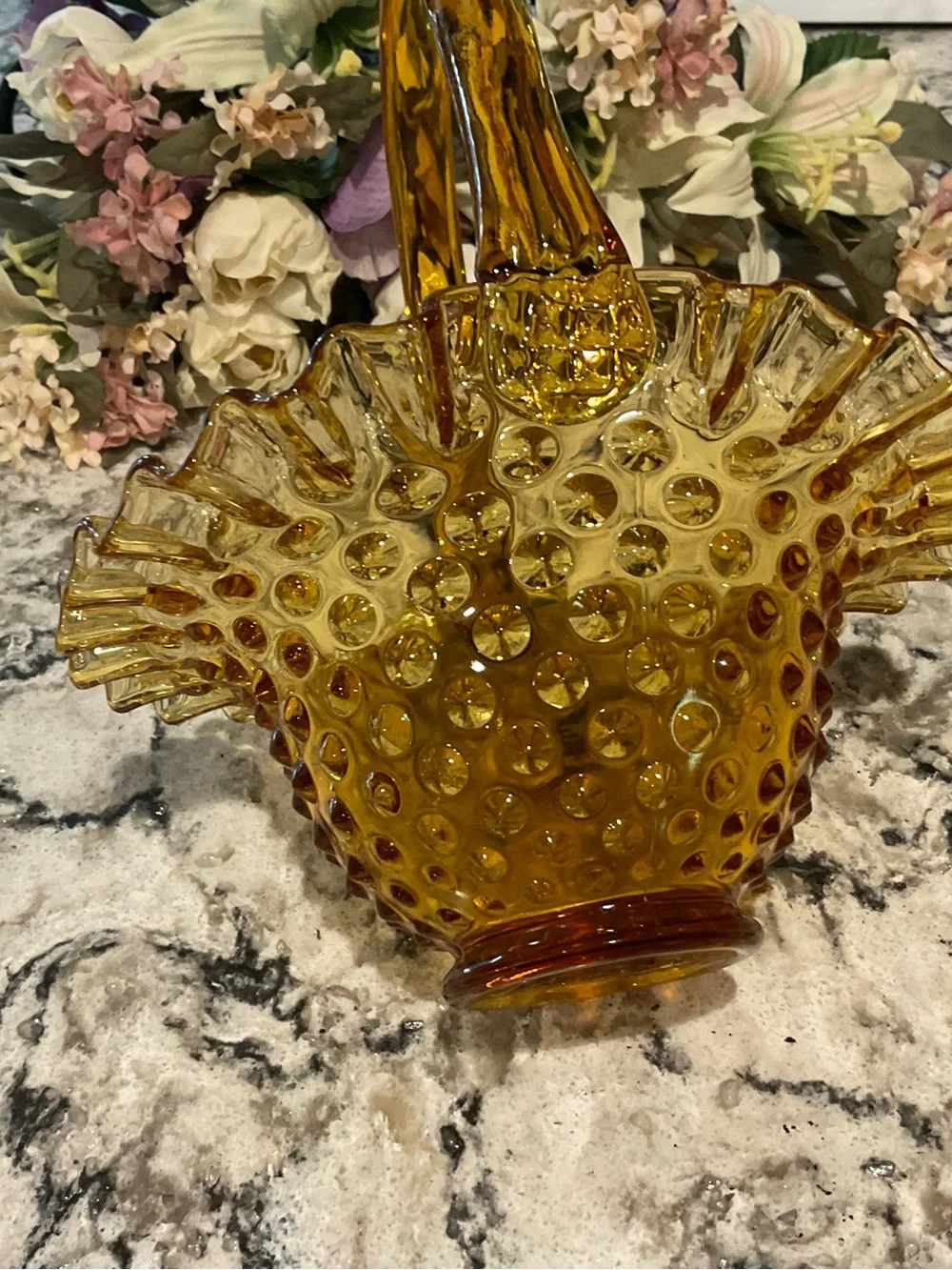 BP-Fenton Amber Hobnail Glass Basket with Ruffled Edge 8 IN.